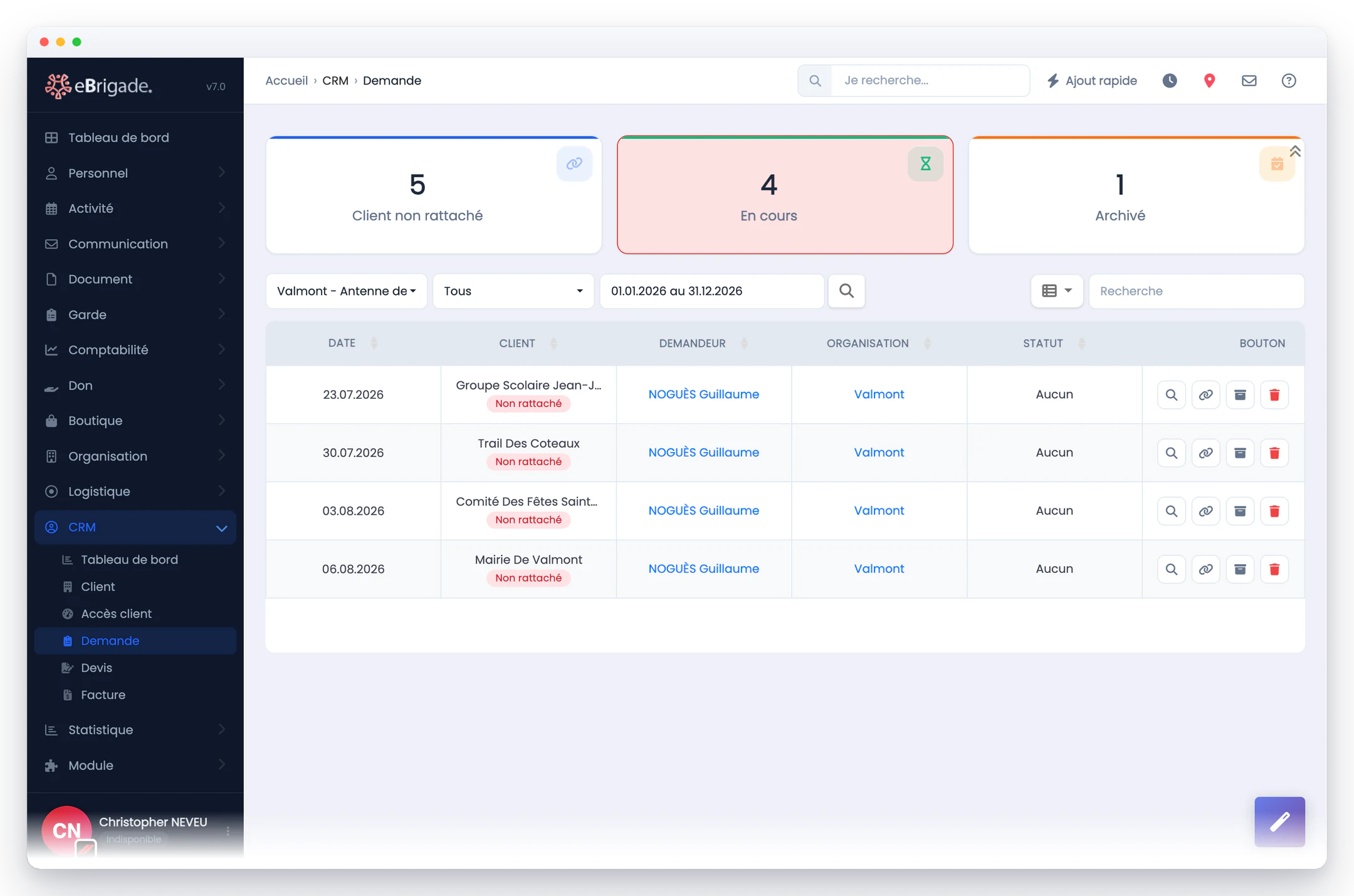 eBrigade — demandes reçues des clients : Les demandes déposées depuis le formulaire public : date, client, demandeur et rattachement à une fiche du CRM.