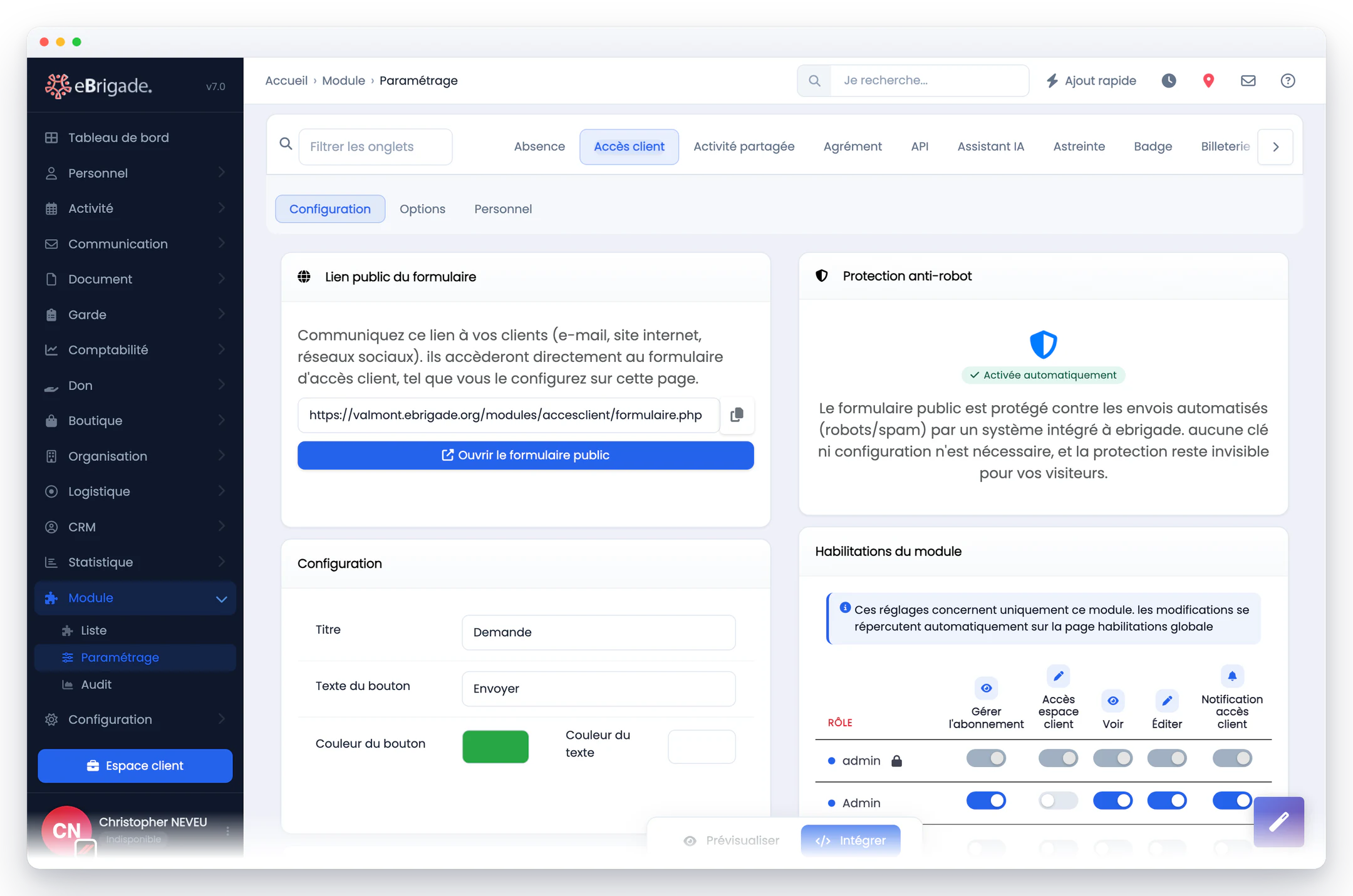 eBrigade — le formulaire public à embarquer : Le lien à communiquer ou à embarquer sur votre site, ses couleurs, son texte d'accueil, et la protection anti-robot activée d'office.