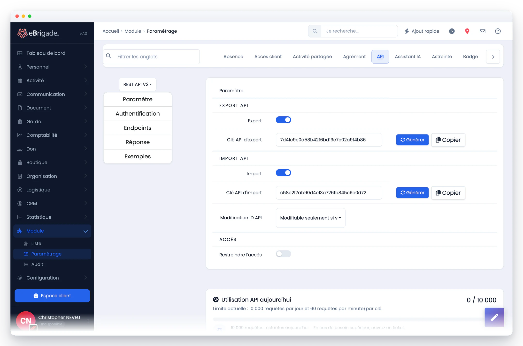 eBrigade — clés d'api et quotas : Une clé pour les flux entrants, une autre pour les flux sortants, régénérables en un clic, avec la consommation du jour et la limite en vigueur.