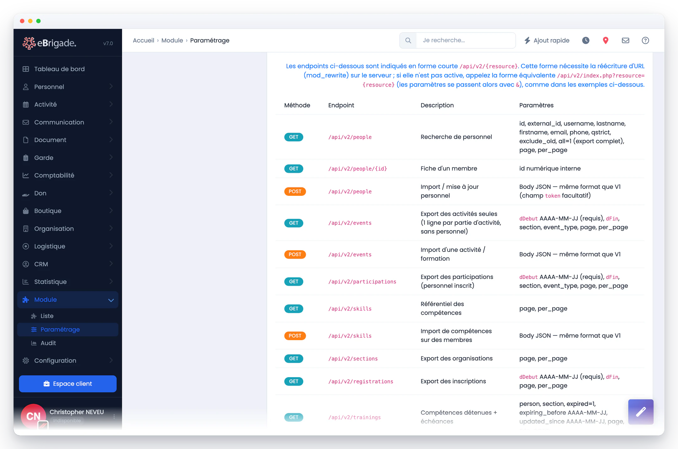eBrigade — les endpoints documentés : Personnel, activités, participations, compétences, organisations, disponibilités : chaque ressource avec sa méthode et ses paramètres.