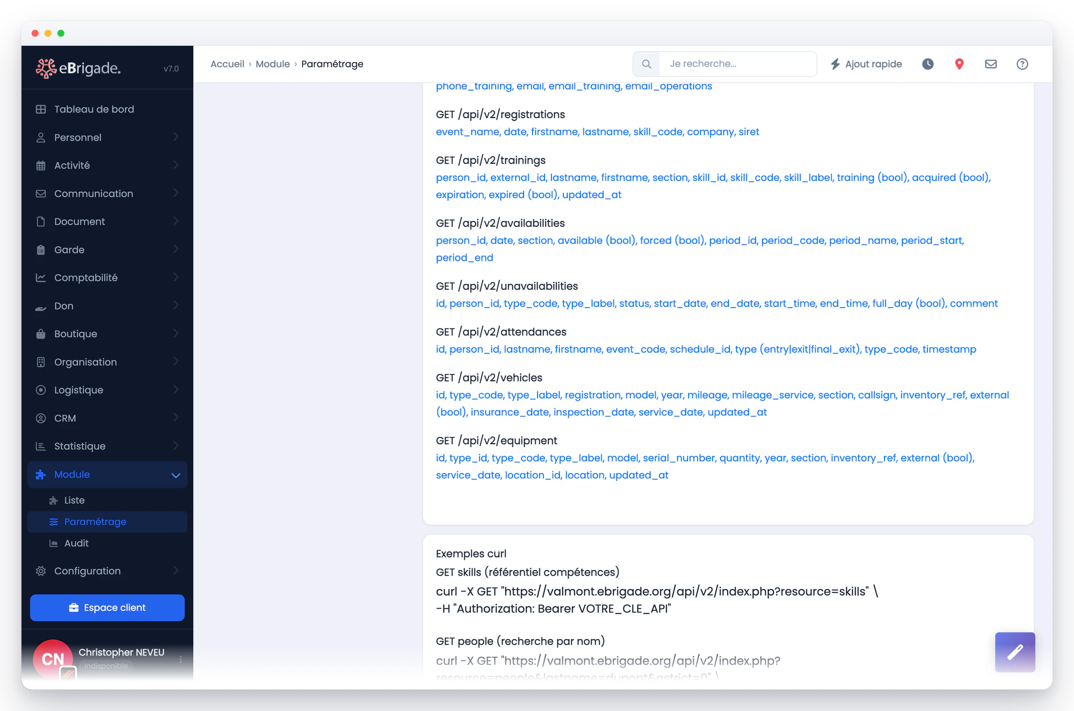 eBrigade — exemples d'appels prêts à copier : Requêtes et réponses complètes pour chaque flux : votre équipe technique n'a pas à deviner le format attendu.