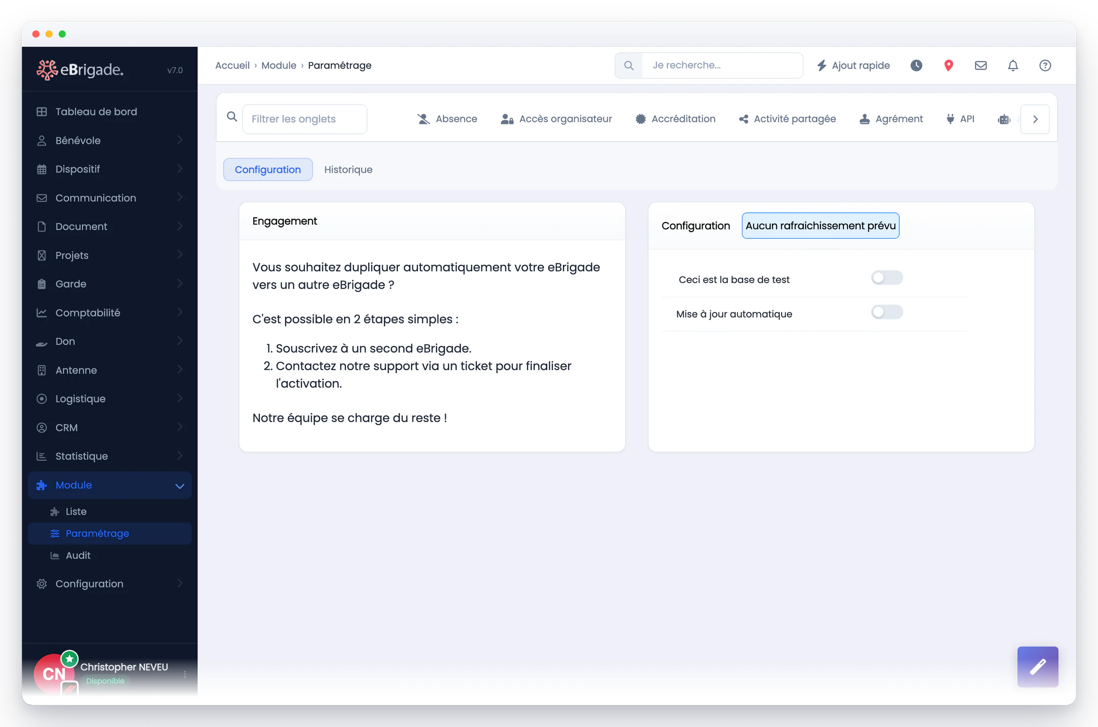 eBrigade, module Base de test — la base de test : Une copie isolée de votre production sur une instance dédiée, avec le rafraîchissement à planifier et l'historique des copies.