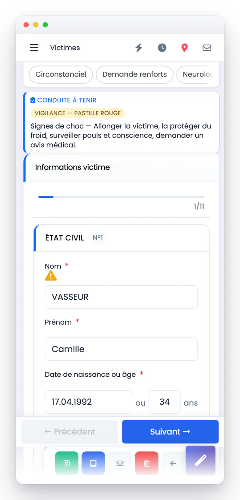 eBrigade, fiche bilan victime sur téléphone — la fiche bilan sur téléphone : Sur un écran de téléphone, la même fiche se parcourt rubrique par rubrique, avec son avancement et l'aide à la décision en tête.