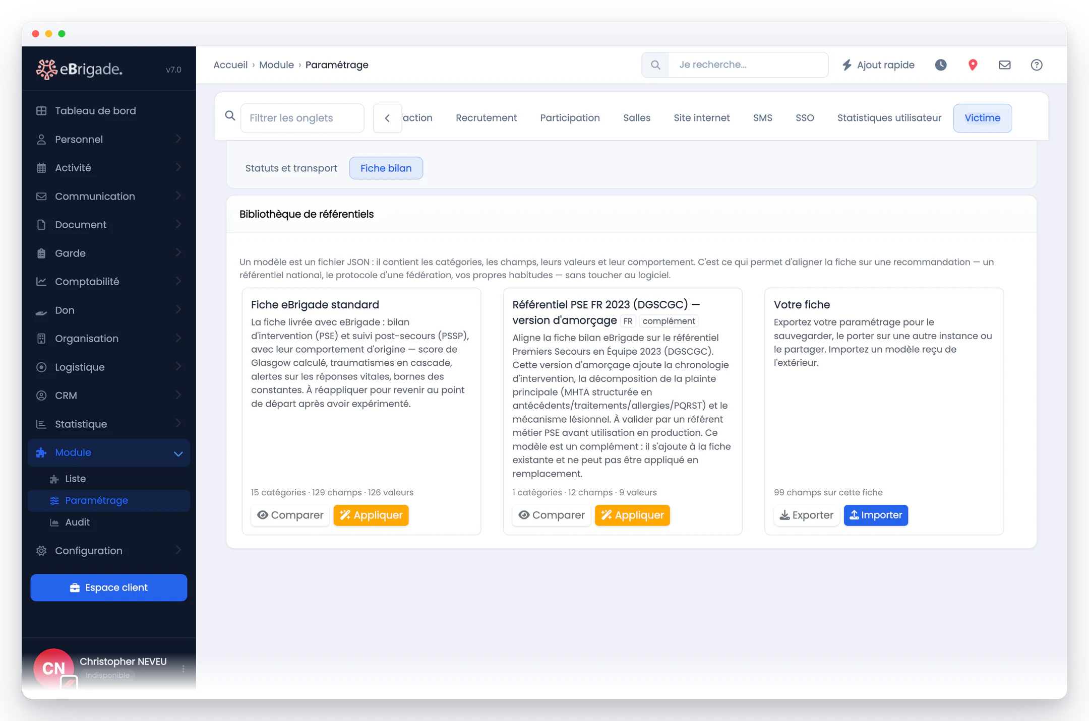 eBrigade — bibliothèque de référentiels : Comparez un modèle à votre fiche avant de l'appliquer, ou exportez votre propre paramétrage.