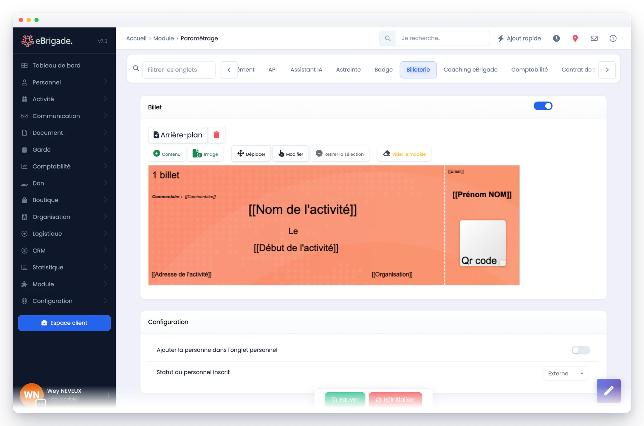 eBrigade — billet personnalisable : Le billet PDF se compose à l'écran — fond, textes, QR code de contrôle — et se remplit tout seul avec les données de l'activité au moment de l'émission.