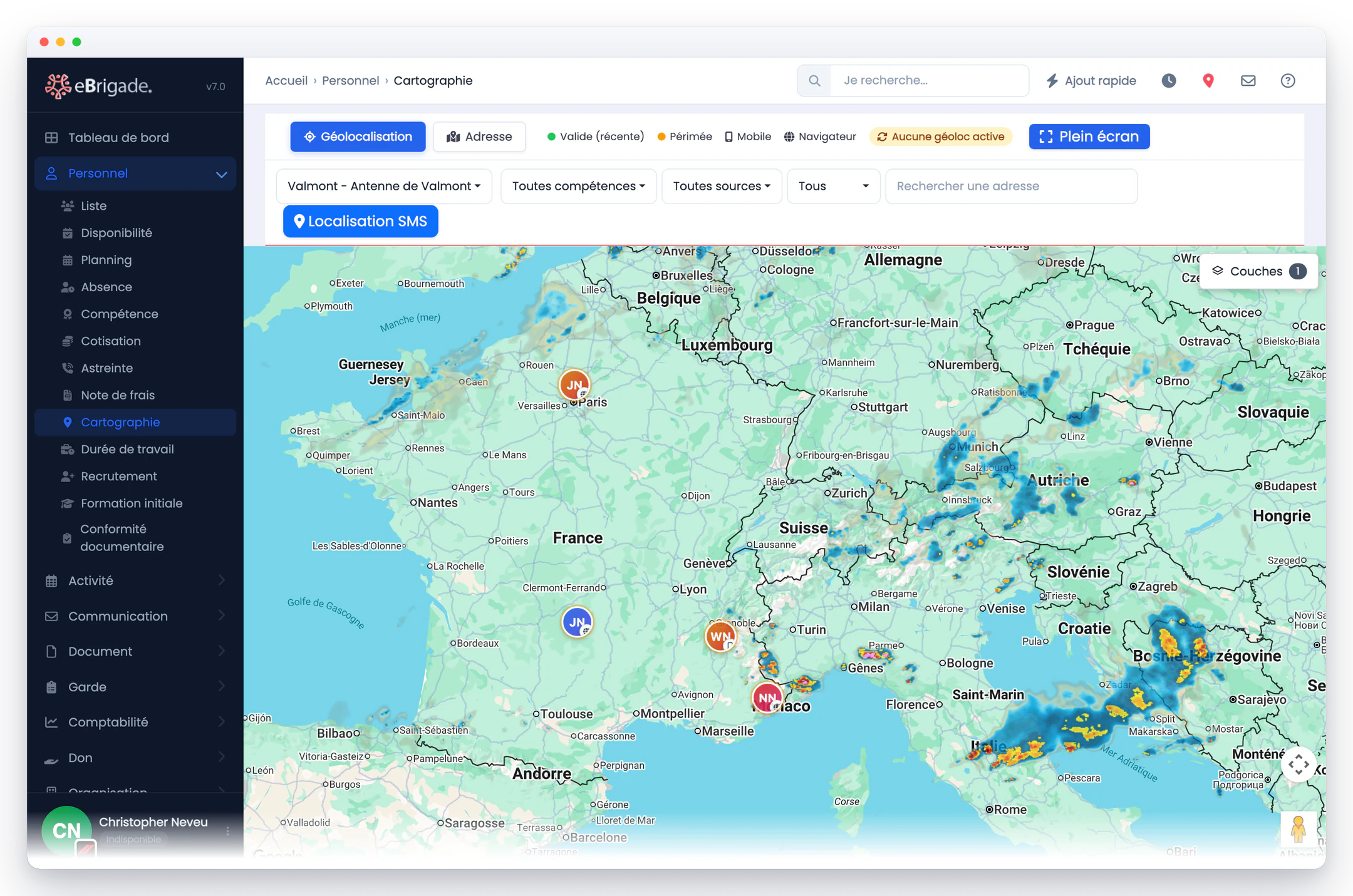 Cartographie eBrigade — pluie & orages (radar) : La mosaïque radar en surimpression, avec son opacité réglable. L'épisode orageux se lit sur la même carte que les postes de secours, sans changer d'onglet.