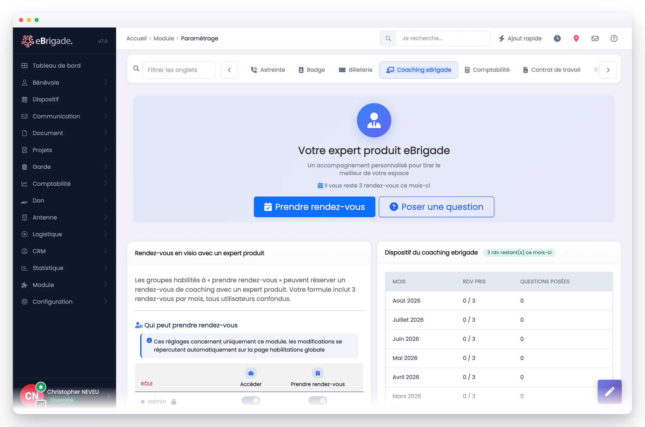 eBrigade, module Coaching eBrigade — le coaching ebrigade : Vos rendez-vous en visio avec un expert produit, les questions que vous lui avez posées, et ce qu'il reste de votre forfait du mois.