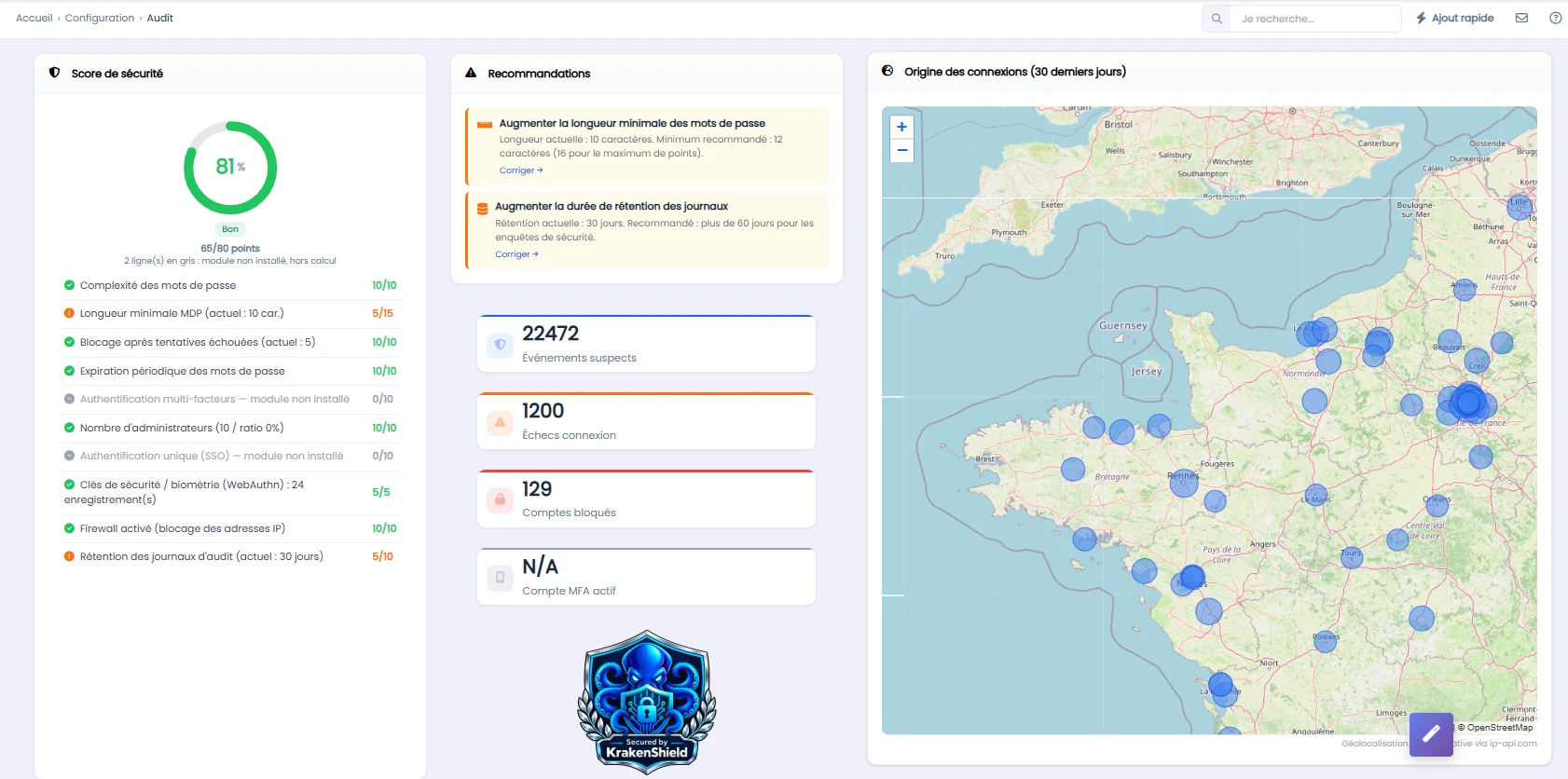 eBrigade — écran audit de l'instance : Le score de sécurité détaillé critère par critère, les recommandations à corriger, les compteurs d'événements suspects et la carte de l'origine des connexions.