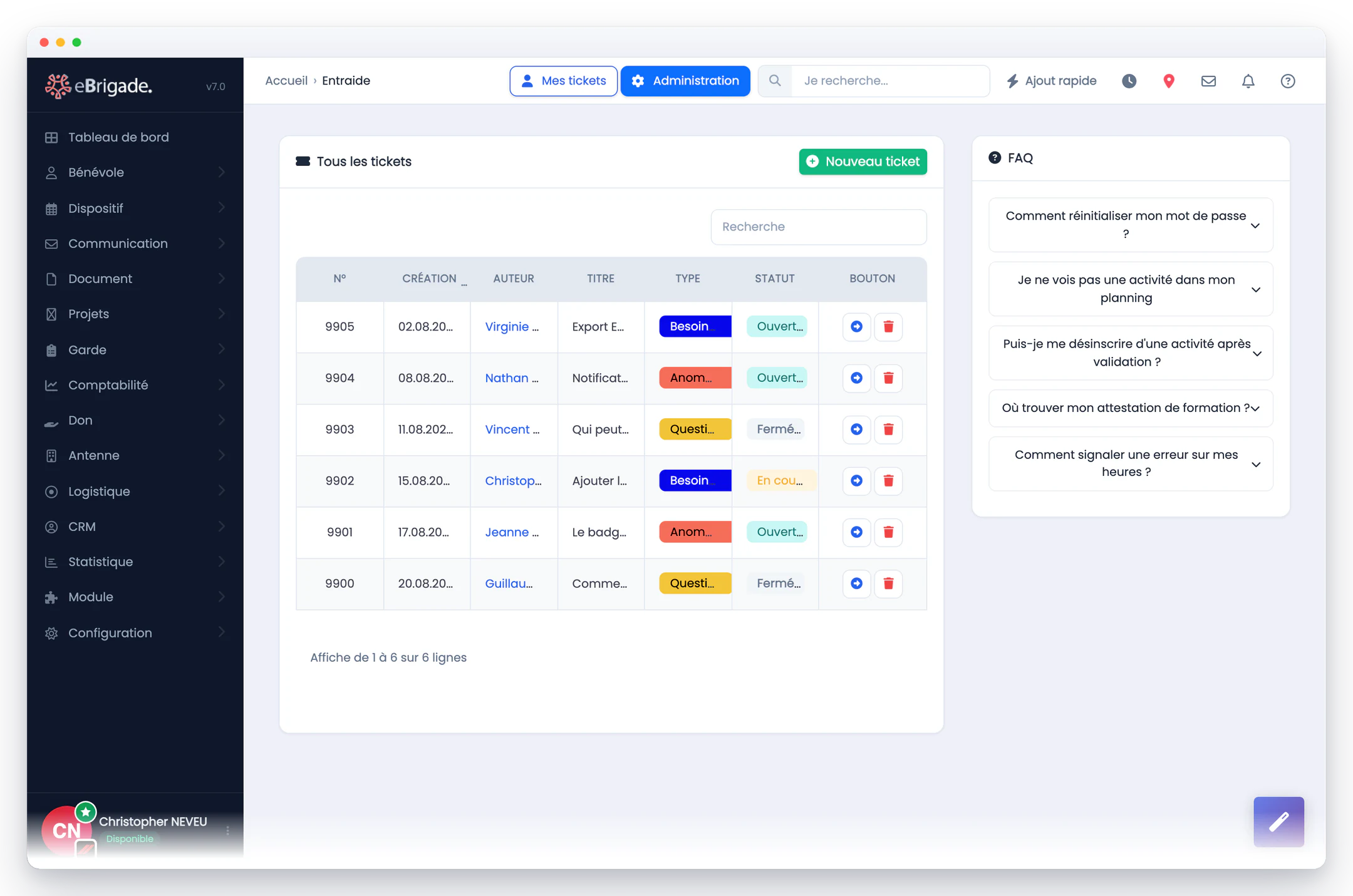 eBrigade, module Entraide — tickets d'entraide et faq : Les demandes internes avec leur type et leur statut d'un côté, la FAQ qui répond aux questions récurrentes de l'autre.