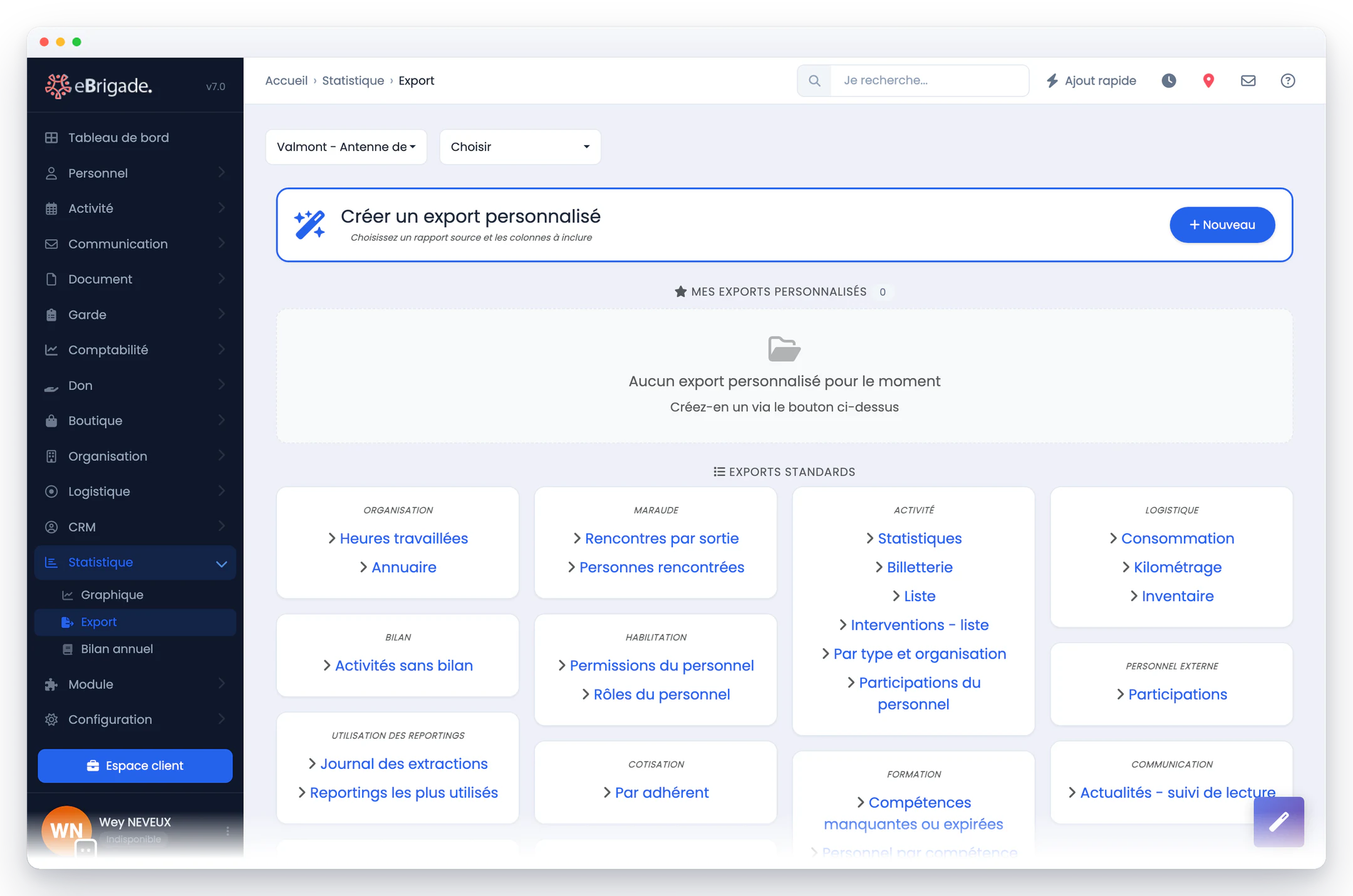 eBrigade — exports personnalisés : Les extractions prêtes à lancer — heures travaillées, annuaire, participations, inventaire — et le constructeur pour composer les vôtres, colonne par colonne.