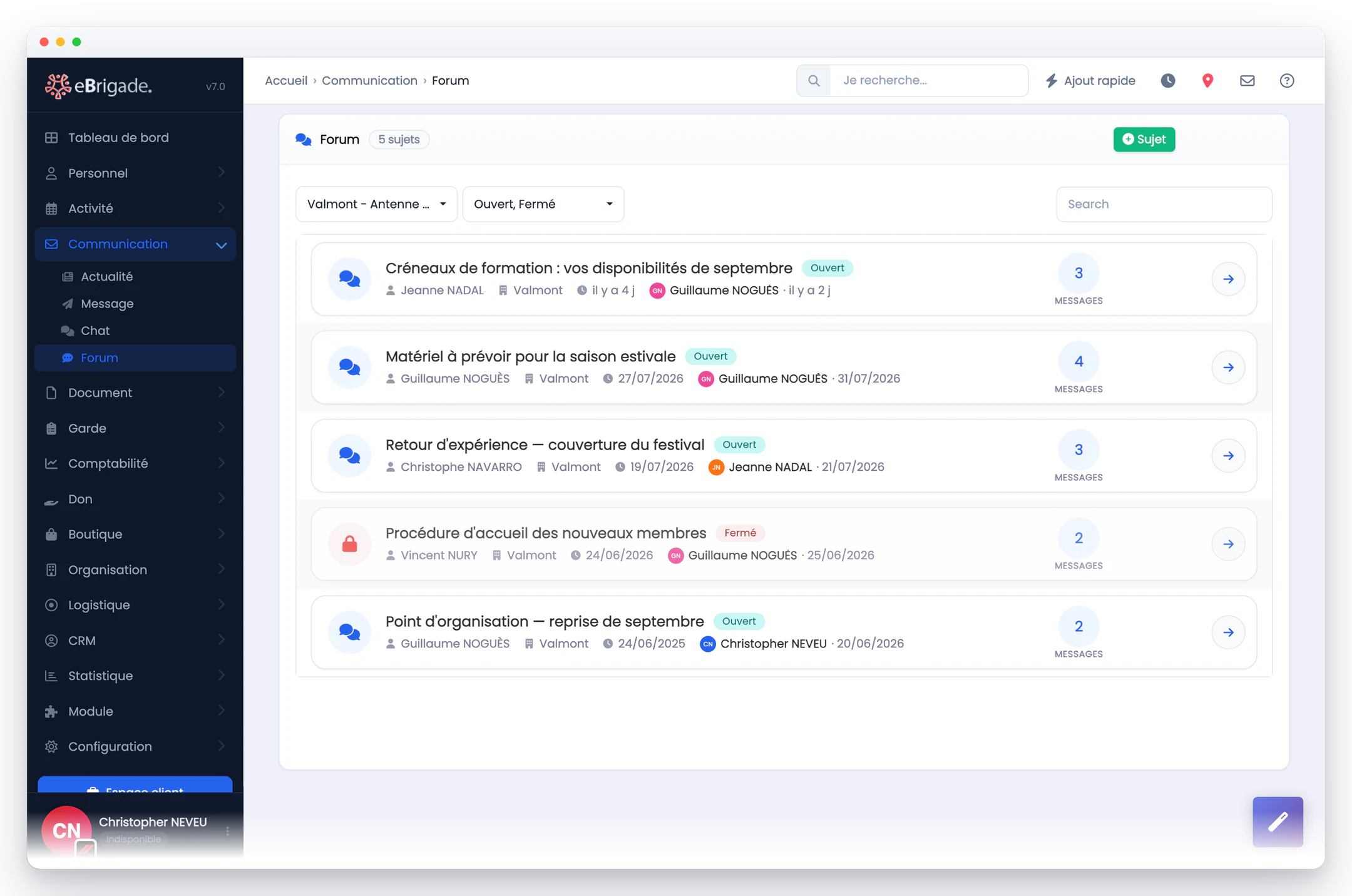 eBrigade — les sujets du forum : Les discussions rangées par organisation, avec leur auteur, leur dernier message et leur état : ouvert ou fermé.