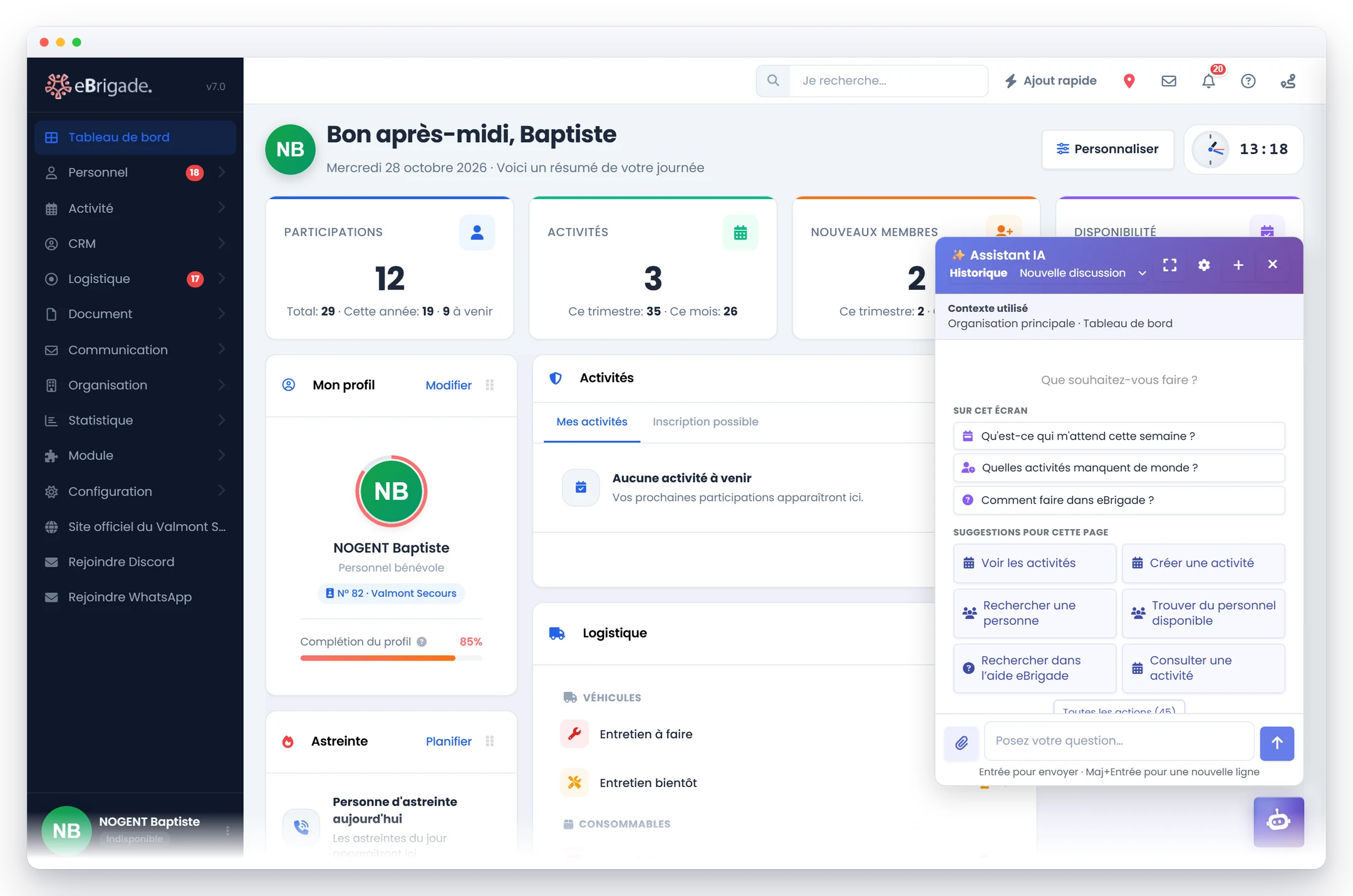 eBrigade — l'assistant ia, sur chaque page : Une bulle en bas de l'écran ouvre l'assistant où que vous soyez. Il propose d'abord les actions qui correspondent à la page affichée : voir ou créer une activité, chercher une personne, trouver du personnel disponible.
