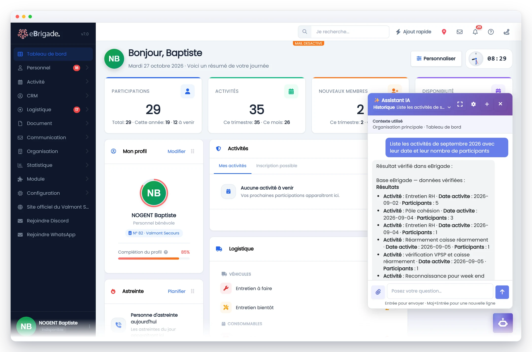 eBrigade, module Assistant IA — vos données, en langage naturel : Une question posée comme à un collègue, et l'assistant répond avec les chiffres vérifiés dans votre base : activités, dates, participants, avec un lien direct vers chaque fiche.