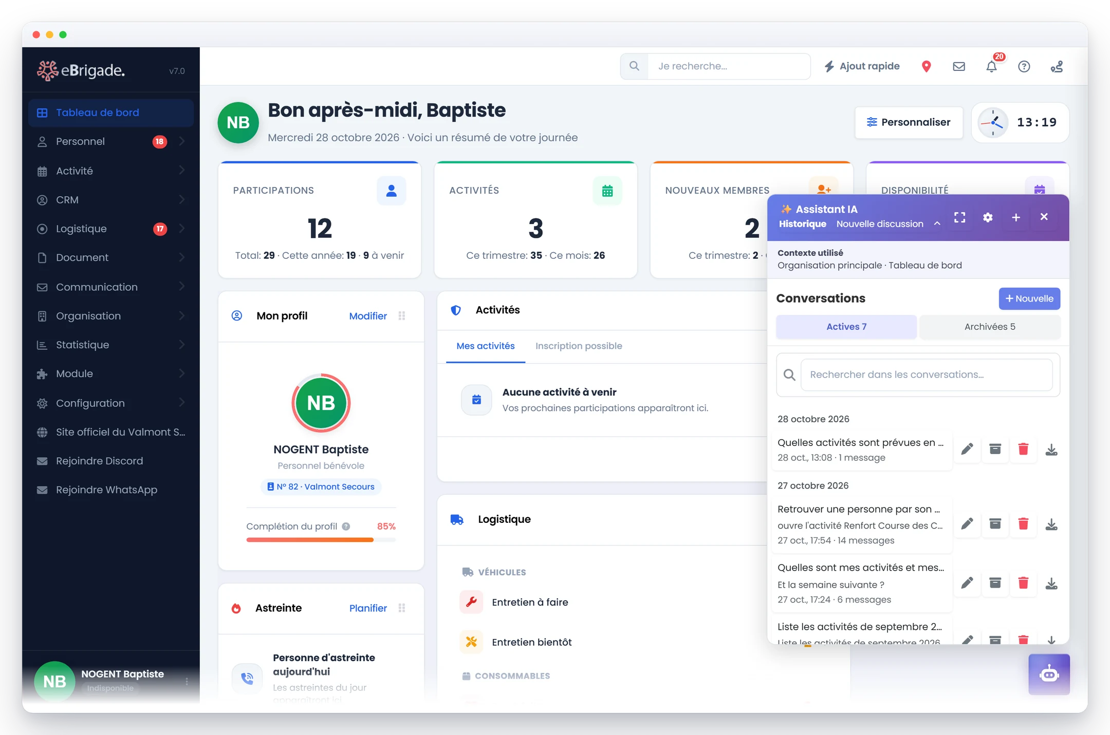 eBrigade, module Assistant IA — chaque échange, retrouvé en un clic : Les discussions avec l'assistant sont gardées et classées par jour, avec une recherche dans les titres et les messages. Chacune se renomme, s'archive, s'exporte ou se supprime définitivement avec ses pièces jointes.