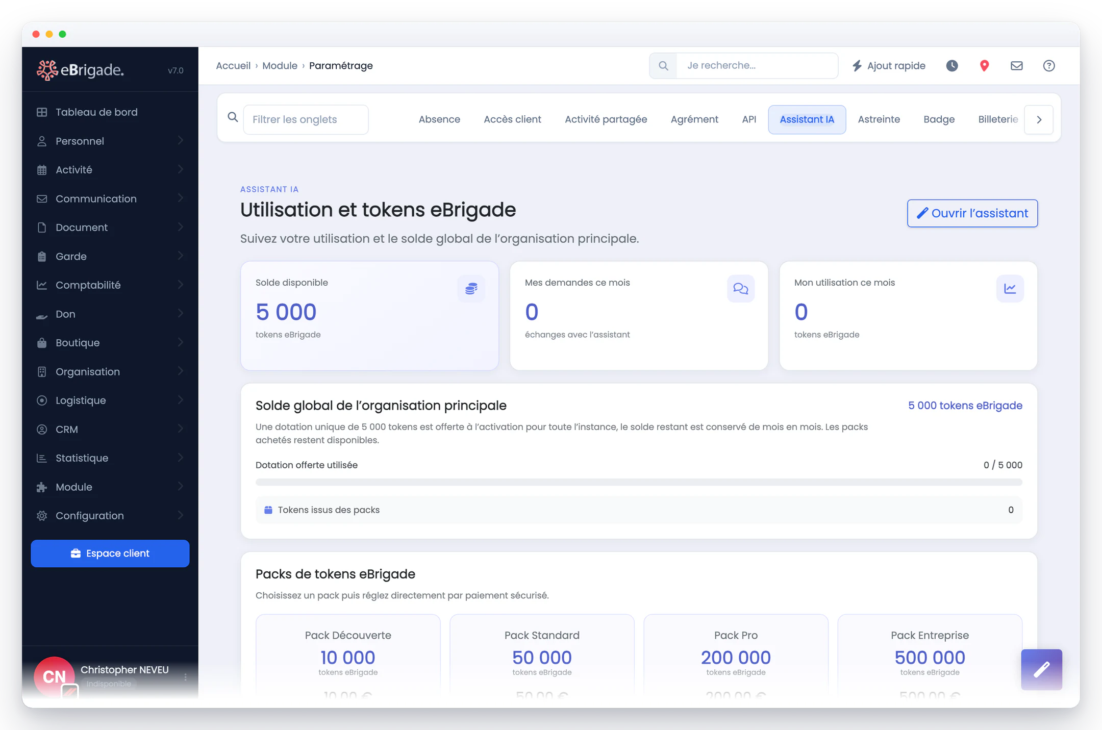 eBrigade — consommation de l'assistant ia : Le solde de tokens de l'organisation, la consommation du mois et les packs prépayés : la facturation se lit sans quitter l'application.