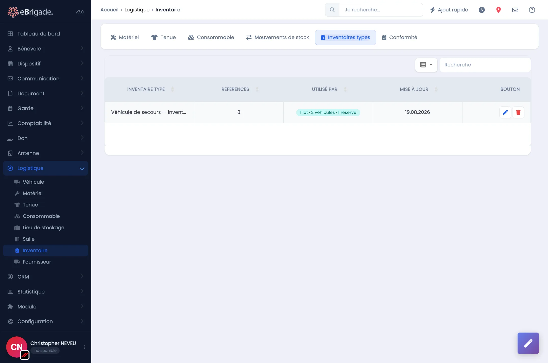 eBrigade, module Inventaire — inventaires types : Vos références d'inventaire, le nombre d'articles de chacune et les ressources qui l'utilisent.