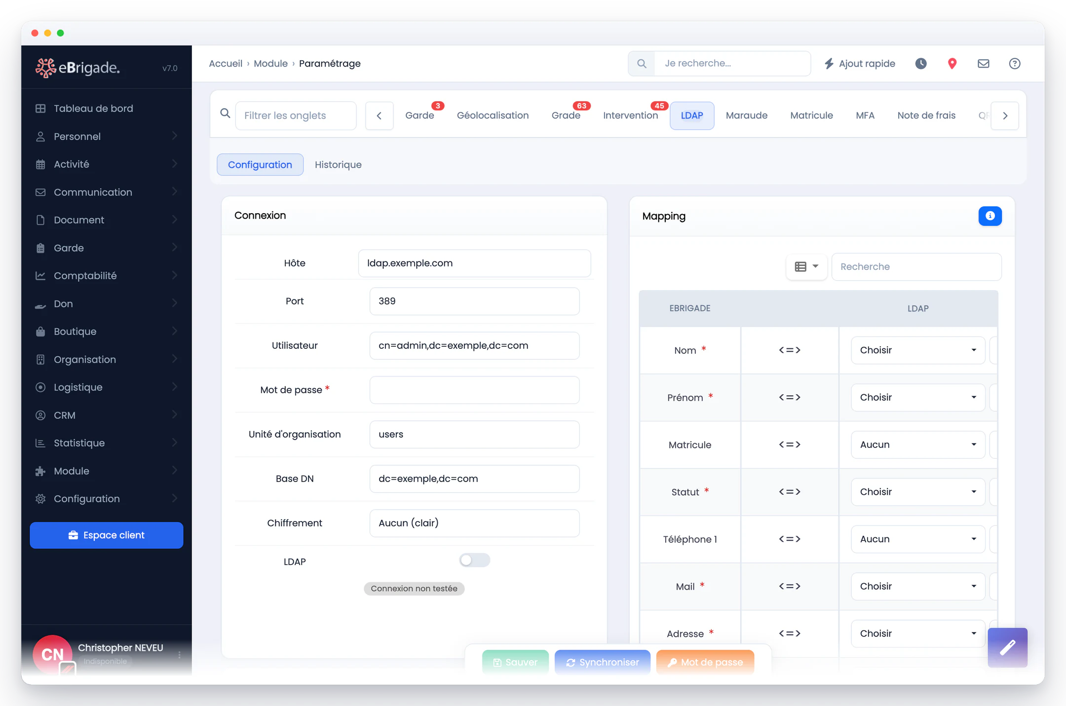 eBrigade — connexion à votre annuaire ldap : Hôte, base DN, chiffrement et test de connexion d'un côté ; de l'autre, la correspondance entre les attributs de l'annuaire et les champs eBrigade.