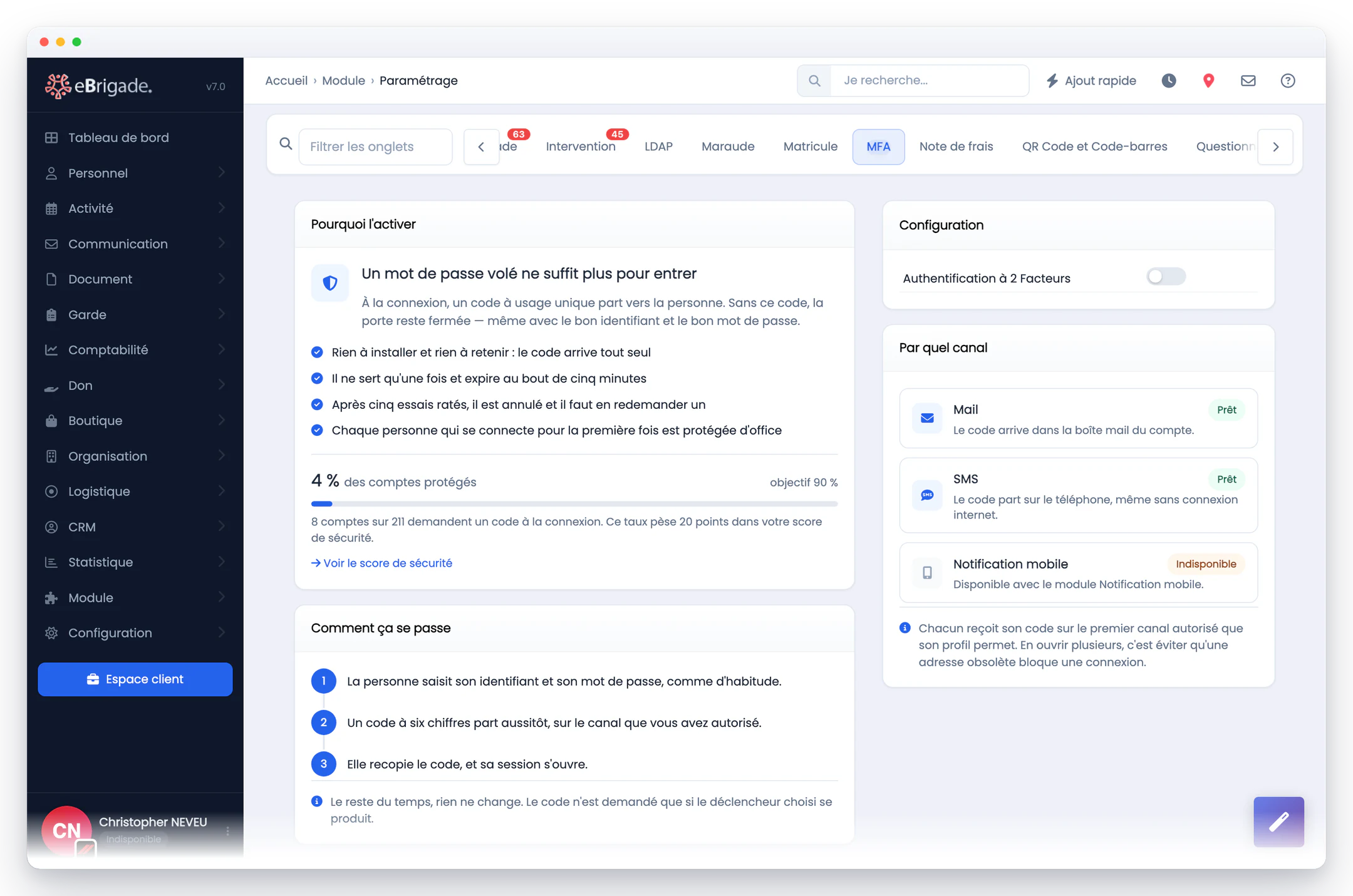 eBrigade — double authentification : Le canal du code à usage unique — mail, SMS, notification mobile — le déclencheur choisi, et la part des comptes déjà protégés.