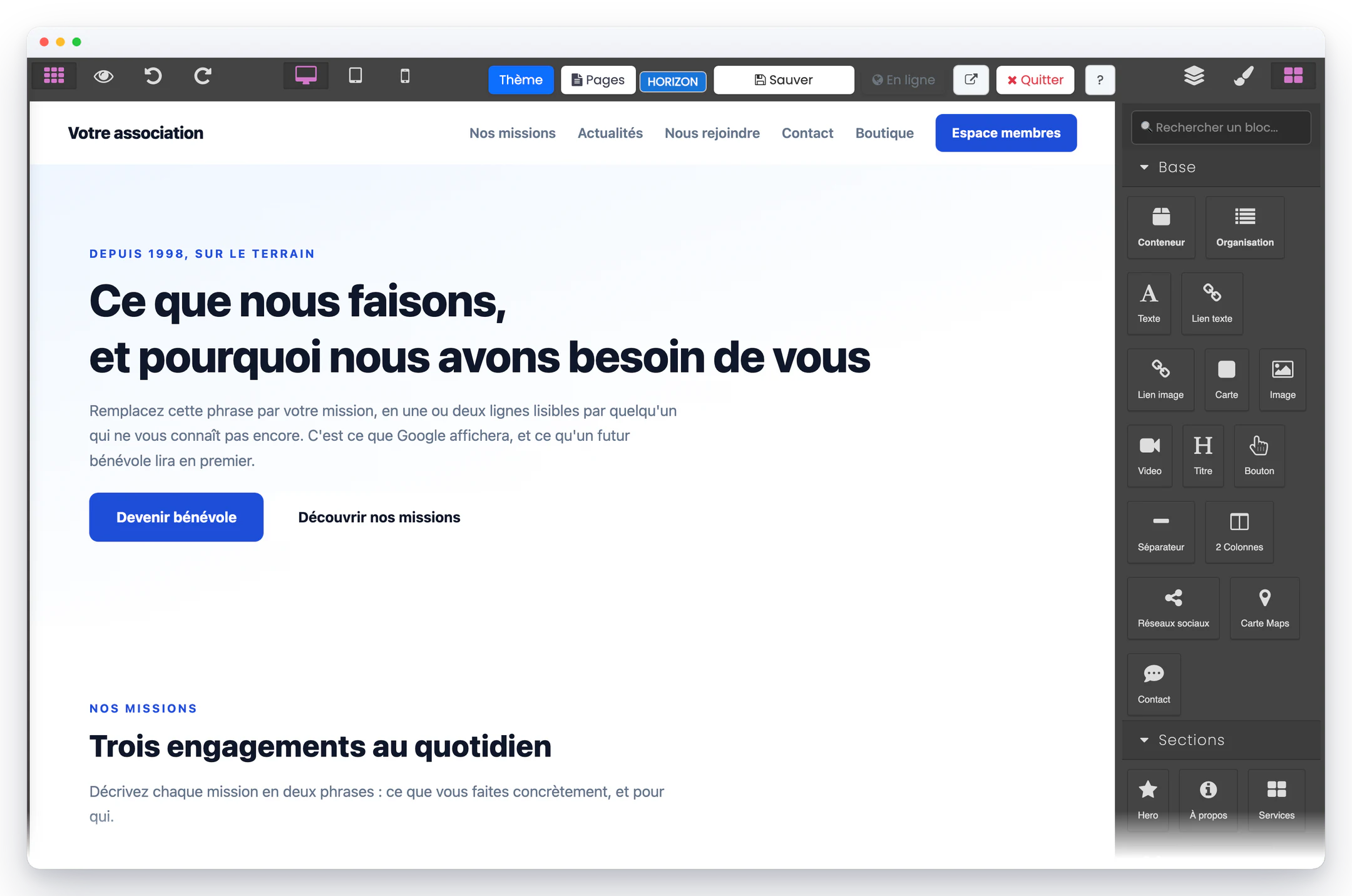 eBrigade — éditeur du site, glisser-déposer : La page se compose comme un document : on prend un bloc dans le panneau de droite, on le pose, on le règle. Aucune ligne de code.