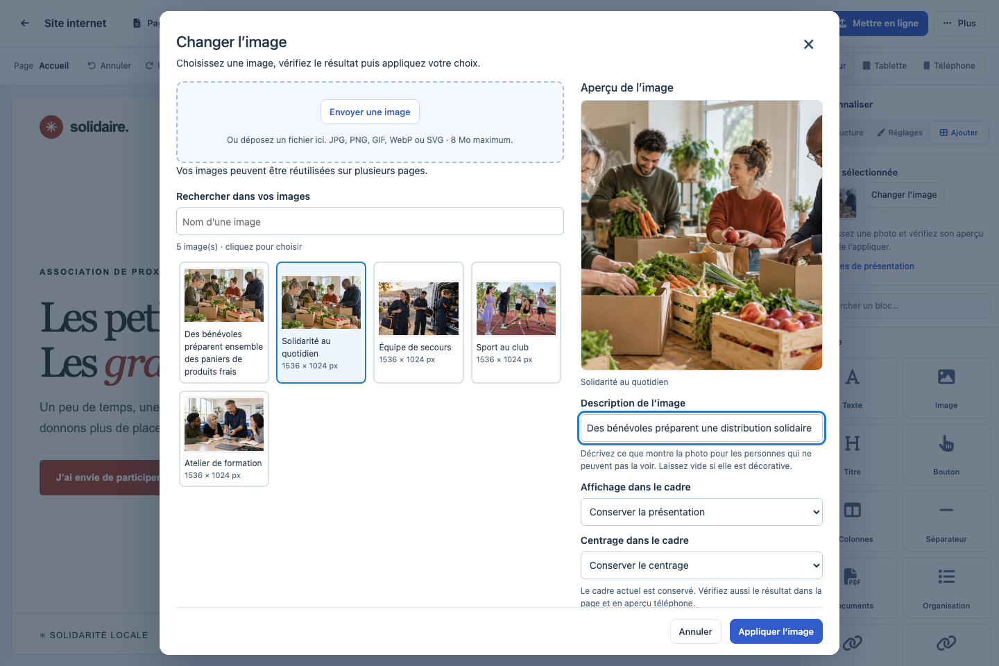 eBrigade — changer une image en quelques gestes : Une photo sélectionnée ouvre la médiathèque : import, recherche, aperçu, texte alternatif et cadrage. Le remplacement s’applique après validation. Ici, des images d’illustration pour la démonstration.