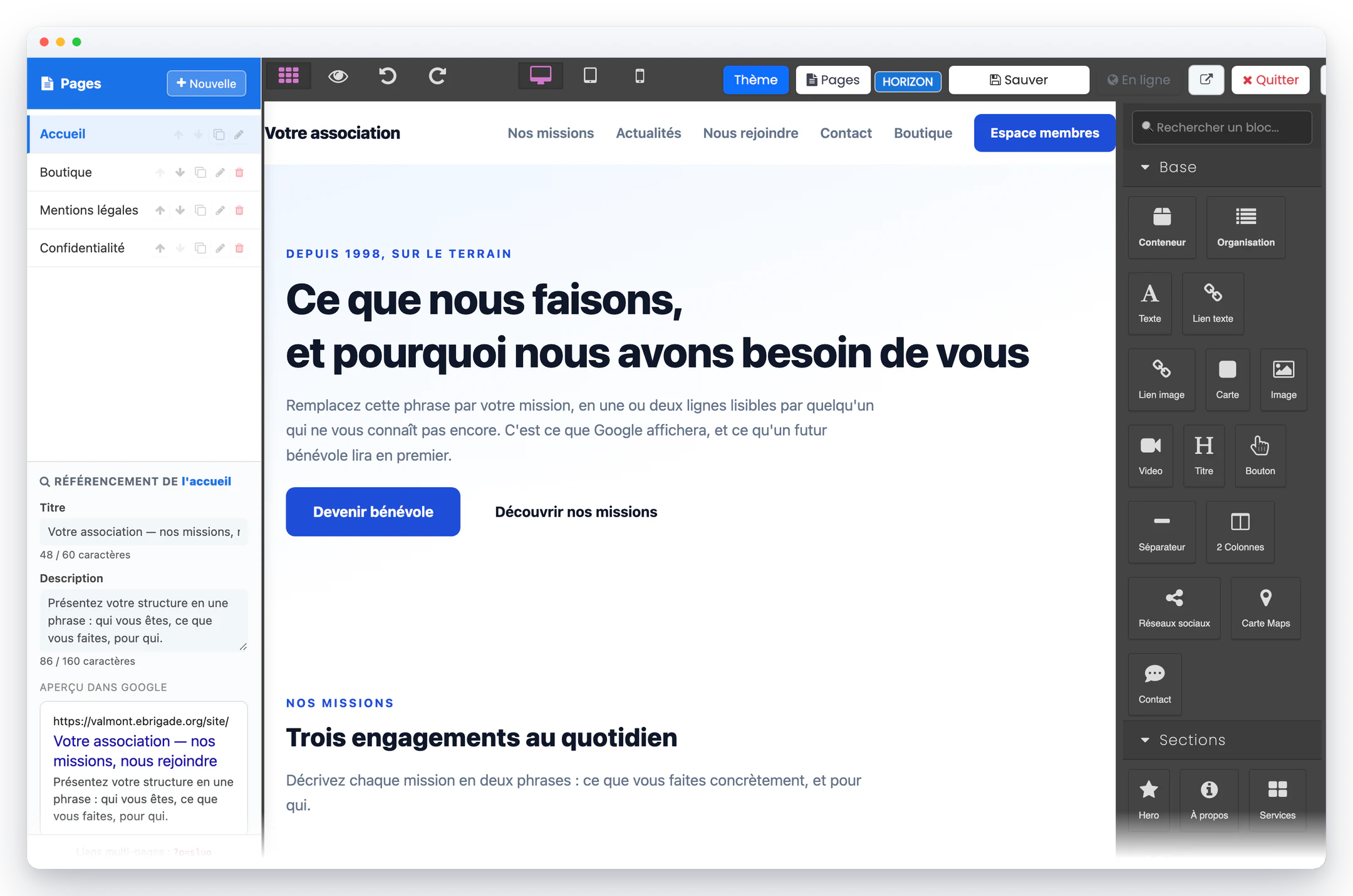 eBrigade — les pages du site, et leur référencement : Un vrai site, pas une page unique : chaque page a son adresse, sa place dans le menu, son titre et sa description — avec l'aperçu de ce que Google affichera.
