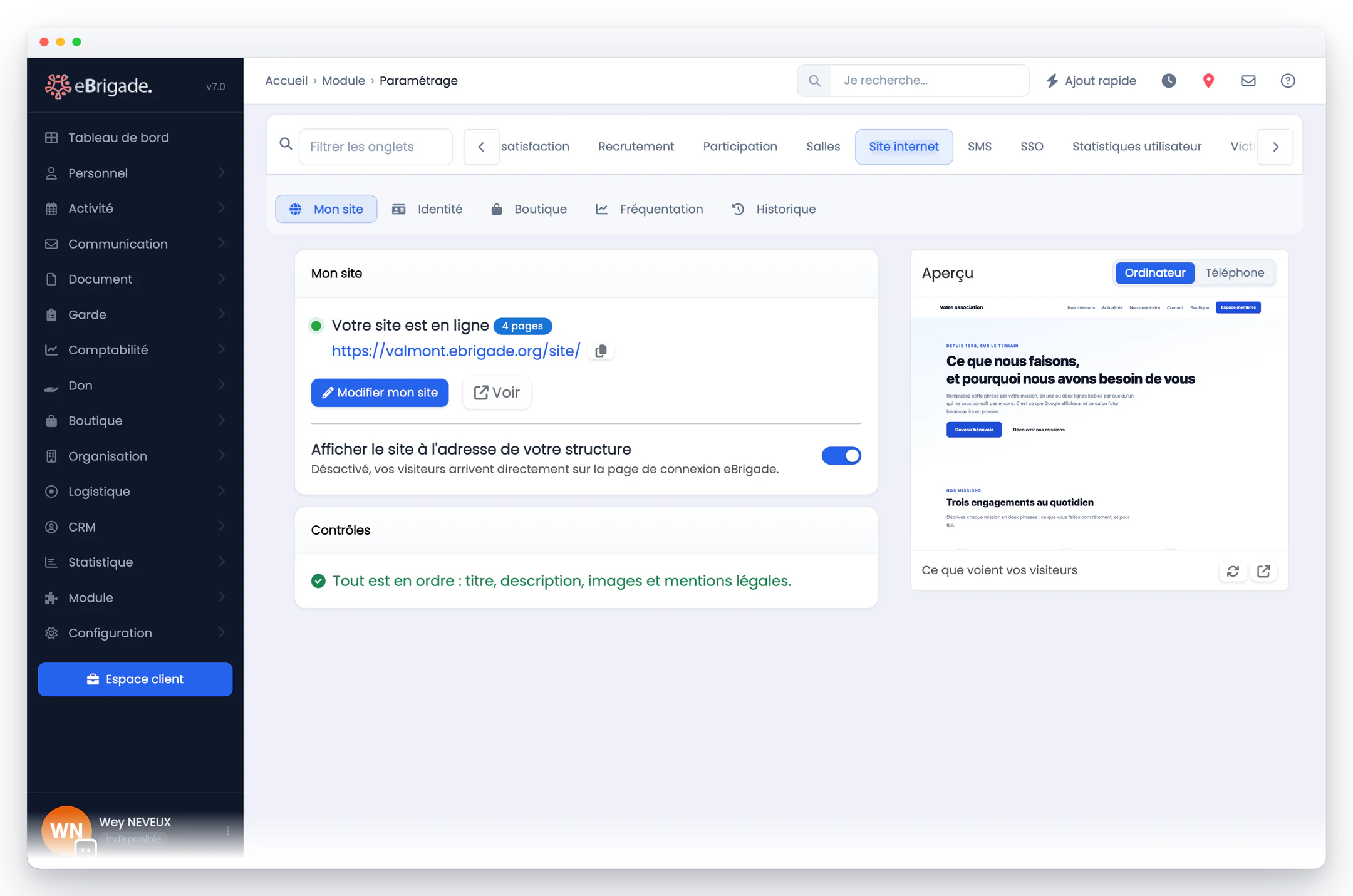 eBrigade — mise en ligne et aperçu : L'état du site, son adresse, ses pages et l'aperçu de ce que voient les visiteurs. Un interrupteur décide si le site s'affiche à l'adresse de votre structure.