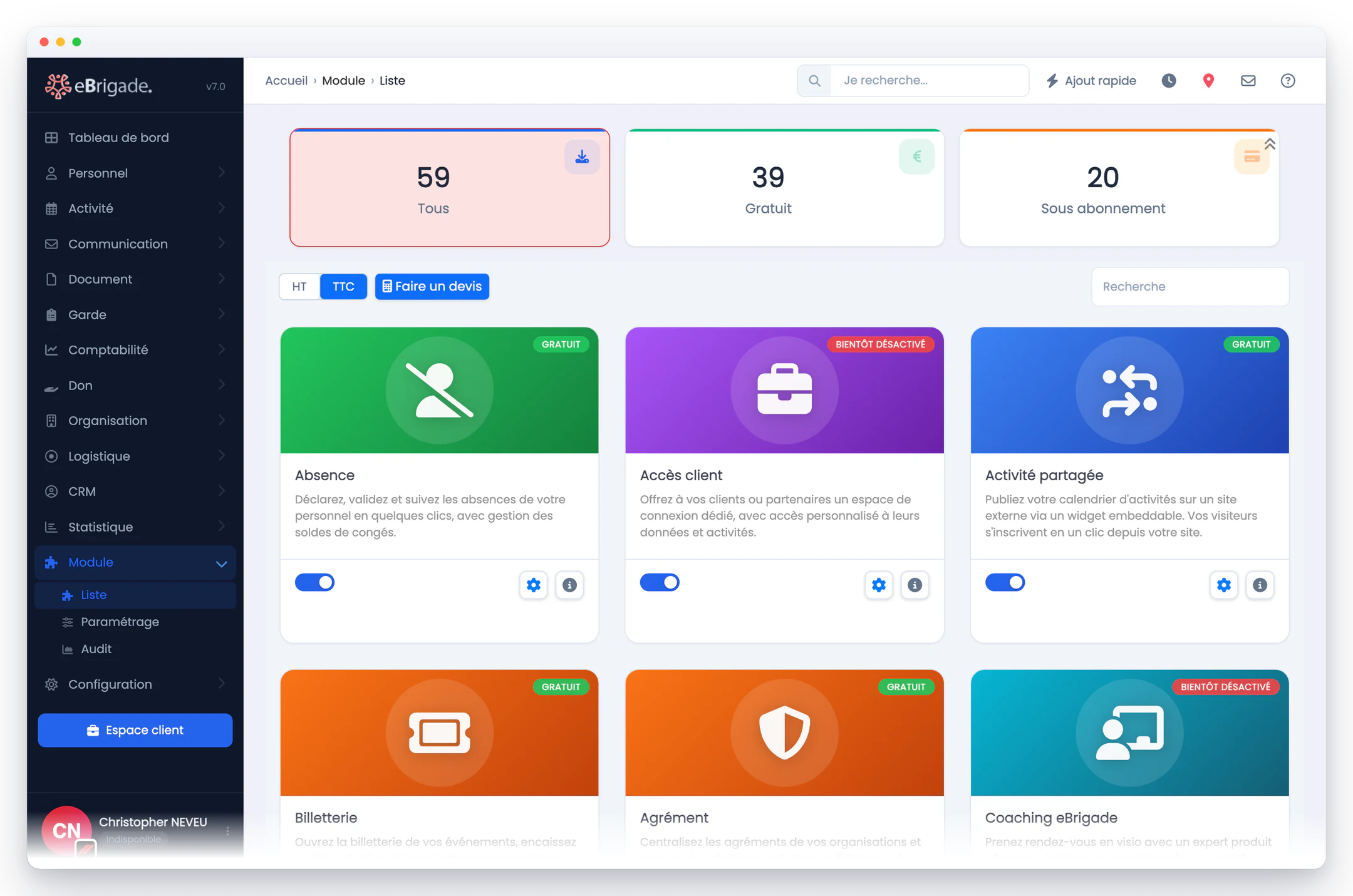 eBrigade — catalogue de modules : Vous activez seulement ce dont vous avez besoin : le reste n'encombre pas l'interface de vos équipes.