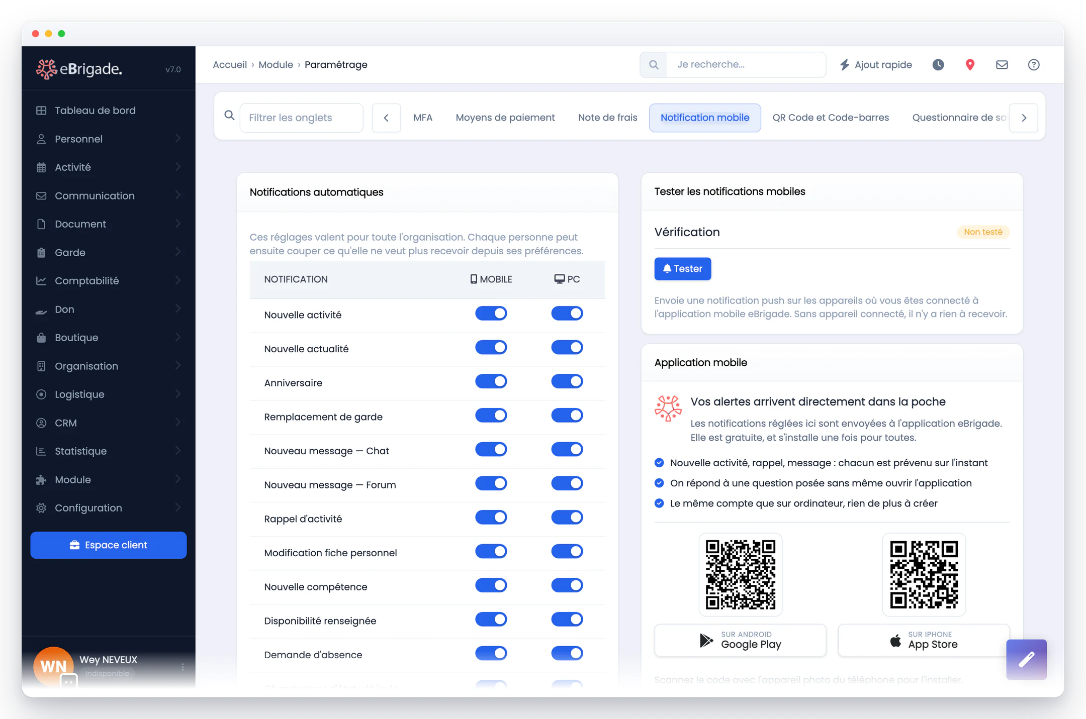eBrigade — notifications automatiques : Ce qui déclenche une notification, canal par canal — téléphone et poste de travail — avec un envoi de test vers son propre appareil.