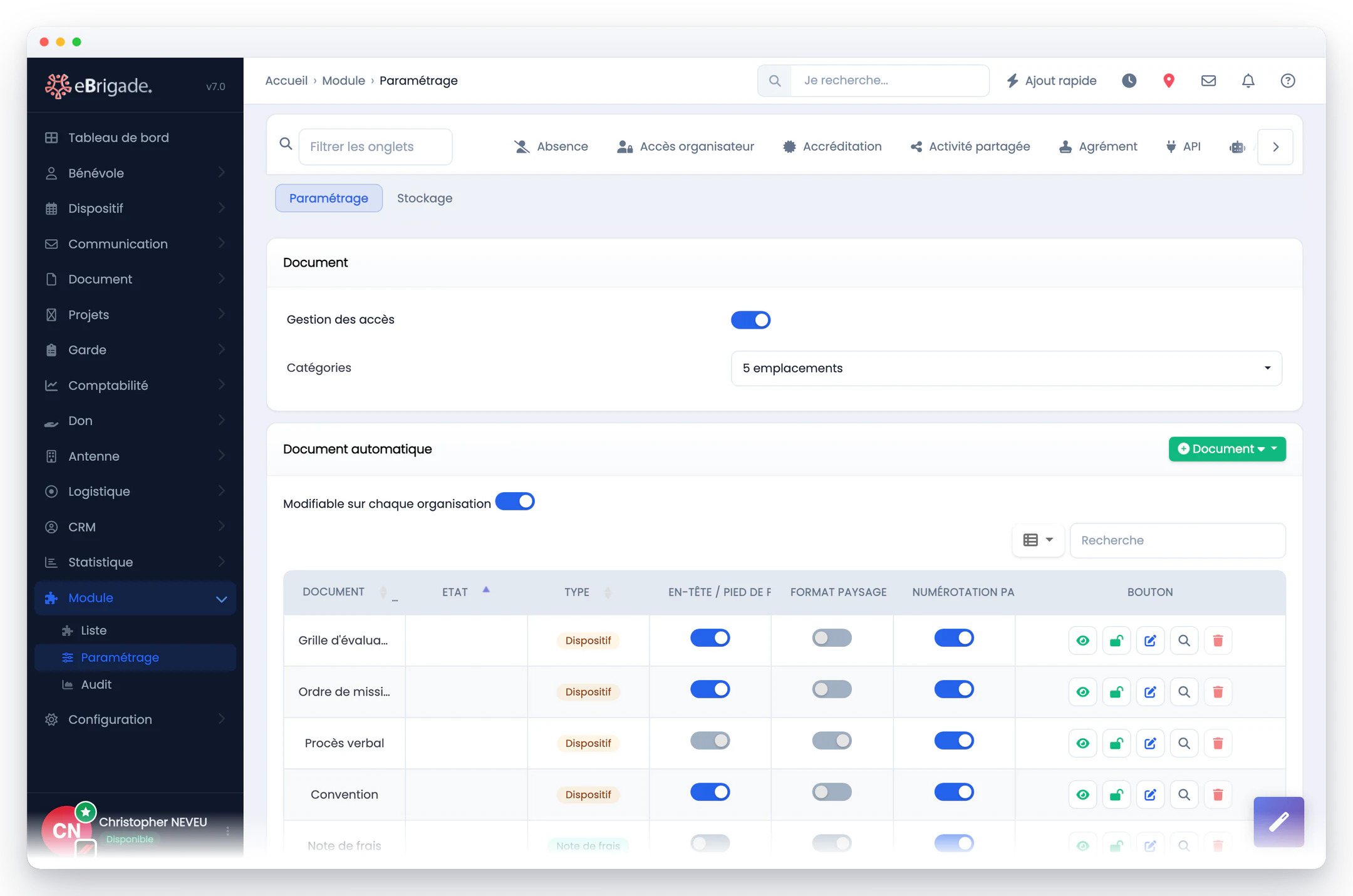 eBrigade, module Documents — documents automatiques : Vos modèles de conventions, ordres de mission et attestations, avec leur en-tête, leur format et leur numérotation.