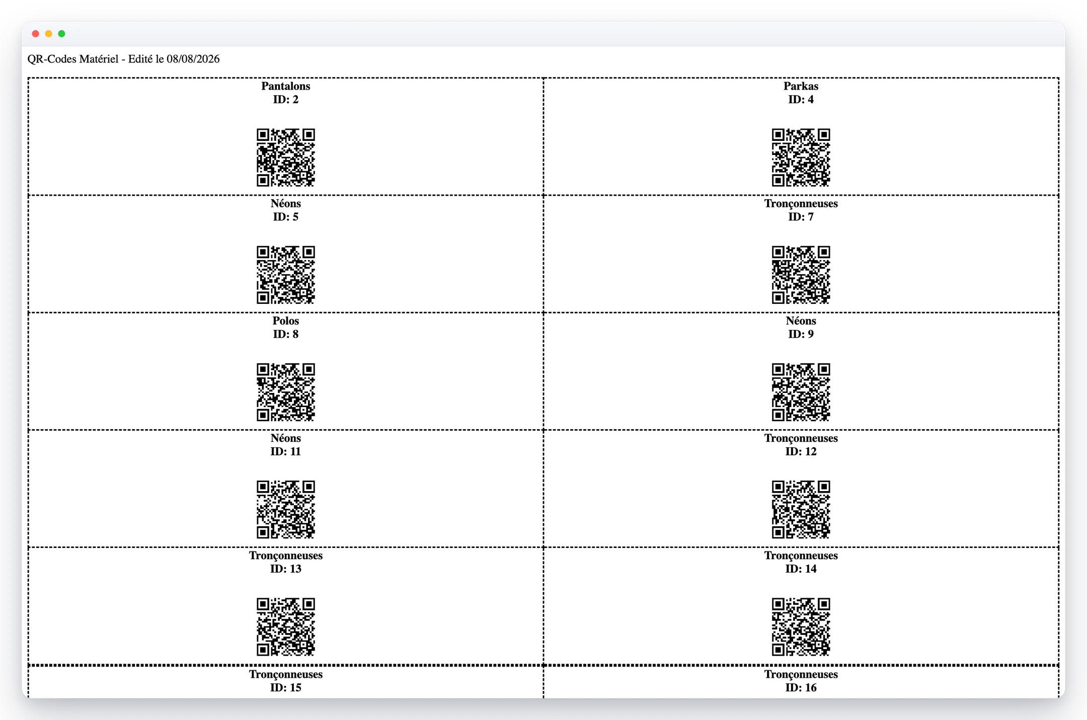 eBrigade — planche de qr codes à imprimer : Un QR code par référence de matériel, prêt à coller. Le scan depuis le mobile ouvre directement la fiche concernée.