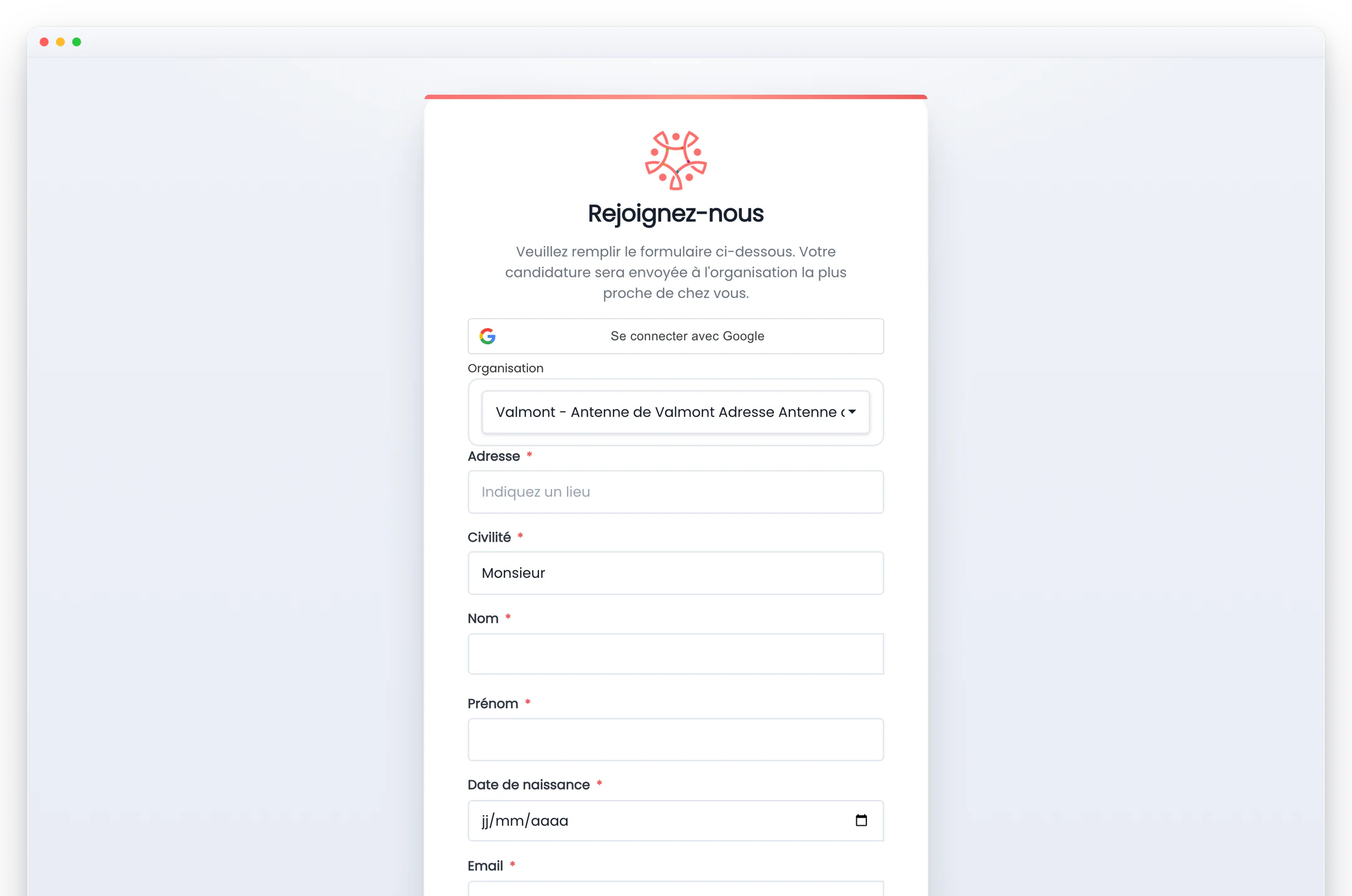 eBrigade — le formulaire vu par le candidat : La page publique où l'on postule : coordonnées, pièces à joindre, cotisation à régler. Chaque campagne a son adresse et ses champs.