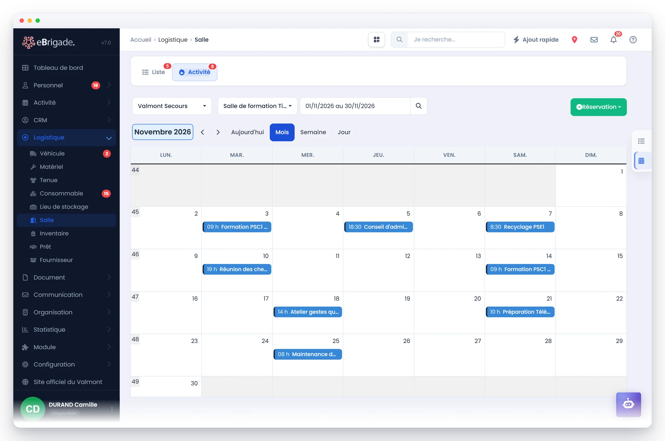 eBrigade, module Gestion des salles — planning d'une salle : Les réservations d'une salle en calendrier : réunions libres et activités liées, créneau choisi d'un clic, conflits refusés.