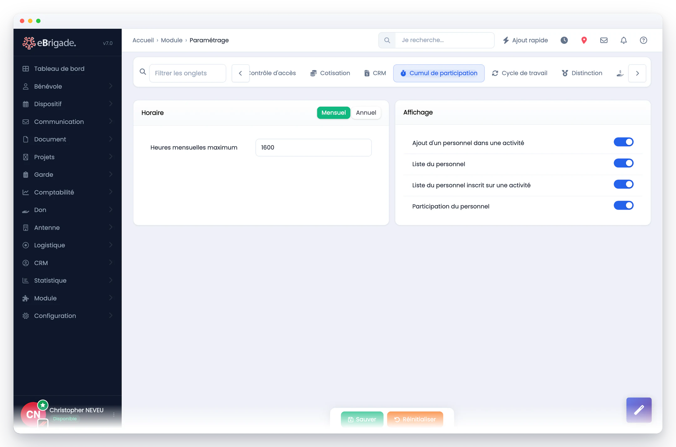 eBrigade, module Cumul de participation — cumul de participation : Le plafond d'heures — mensuel ou annuel — et les quatre endroits où le cumul de chacun s'affiche dans l'application.