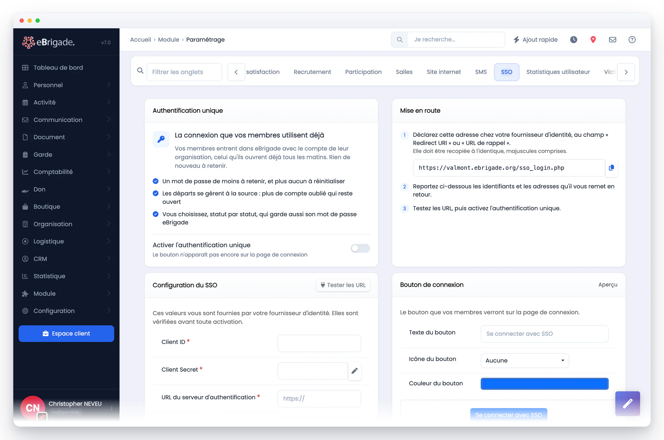 eBrigade — connexion unique (sso) : L'adresse de rappel à déclarer chez votre fournisseur d'identité, les identifiants qu'il vous remet, et l'aperçu du bouton que verront vos membres.